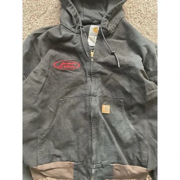 Carhartt Canvas Hooded Coat Logo Black Jacket Lined L J25 DKB - Picture 2 of 8